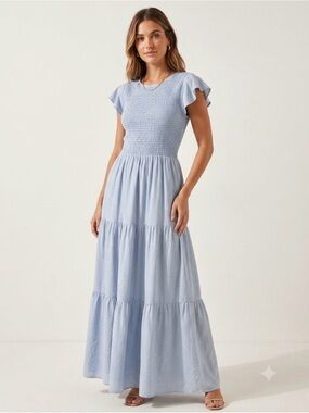 Zesica Smocked Light Blue Tiered Maxi Dress with Flutter Sleeves